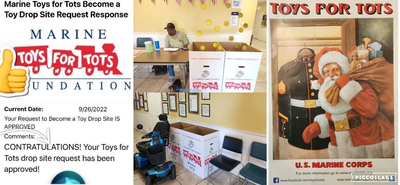 Collage advertising our recent coordination with Marines Toys 4 Tots
